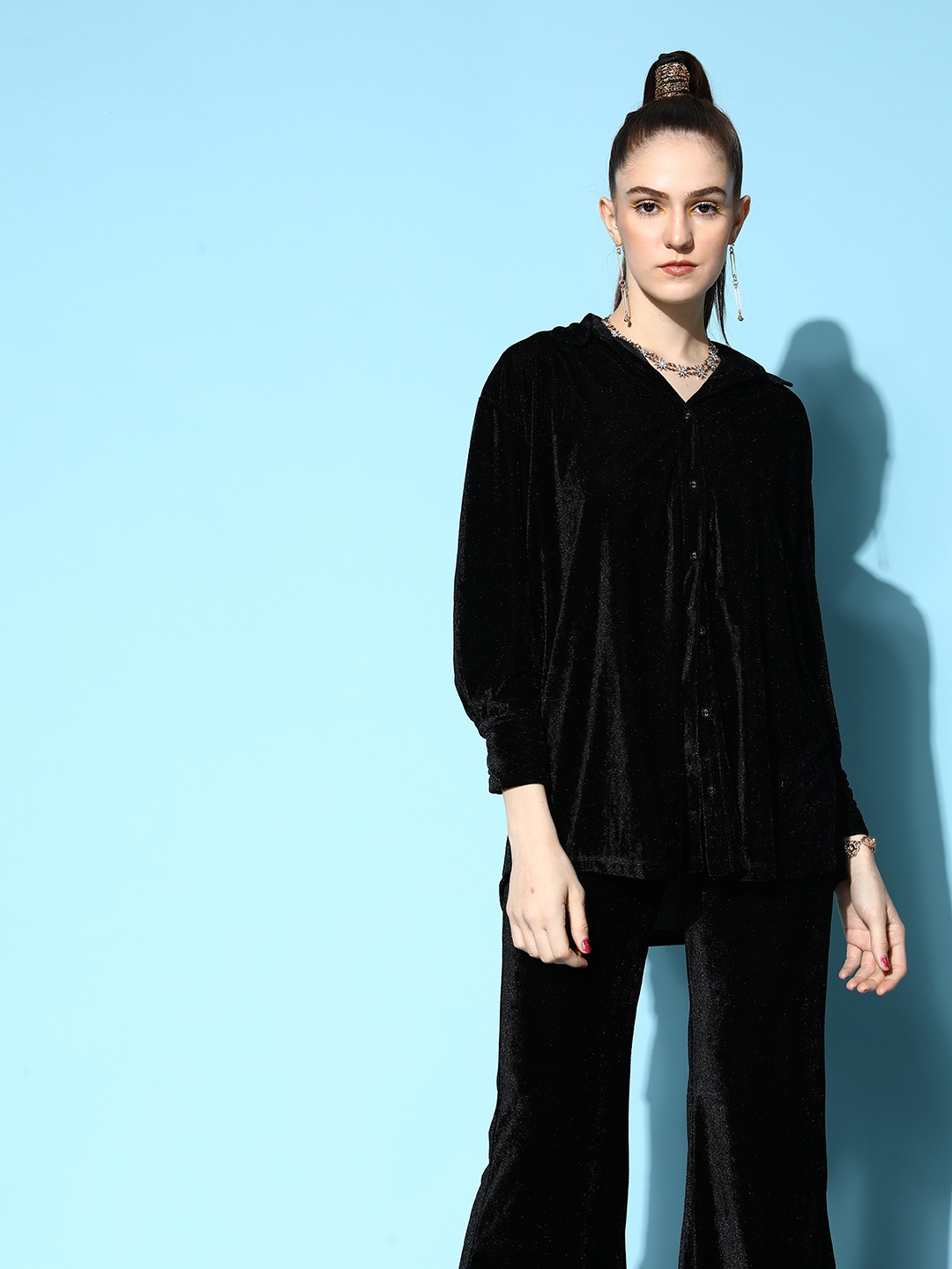 

SASSAFRAS Women Black Solid Velvet Shirt
