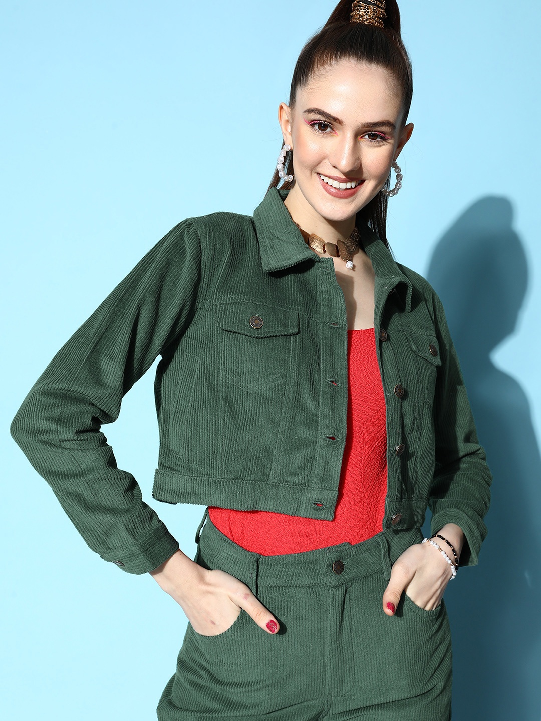 

SASSAFRAS Women Stunning Green Solid Corduroy Jacket