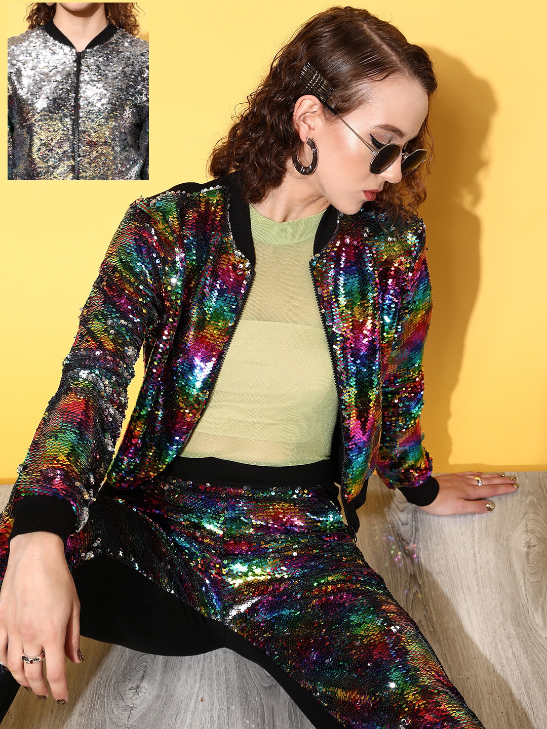 

SASSAFRAS Women Multi-Coloured Self-Design Metallic Sheen Jacket