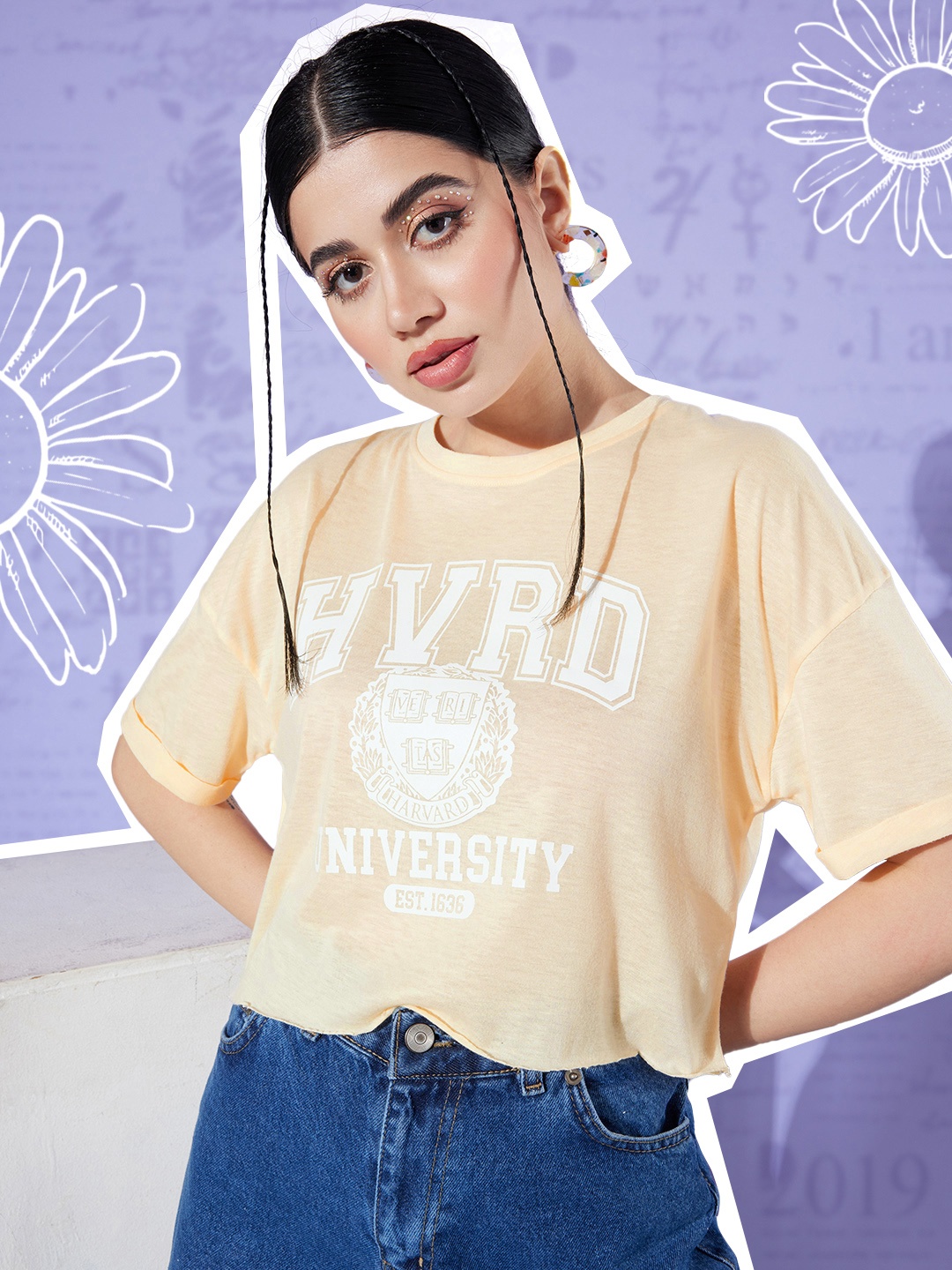 

Harvard Women Typography Printed Drop-Shoulder Sleeves T-shirt, Beige