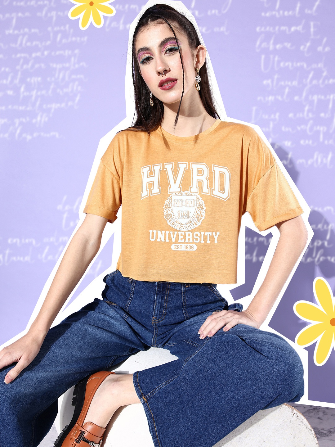 

Harvard Women Typography Printed Drop-Shoulder Sleeves T-shirt, Tan