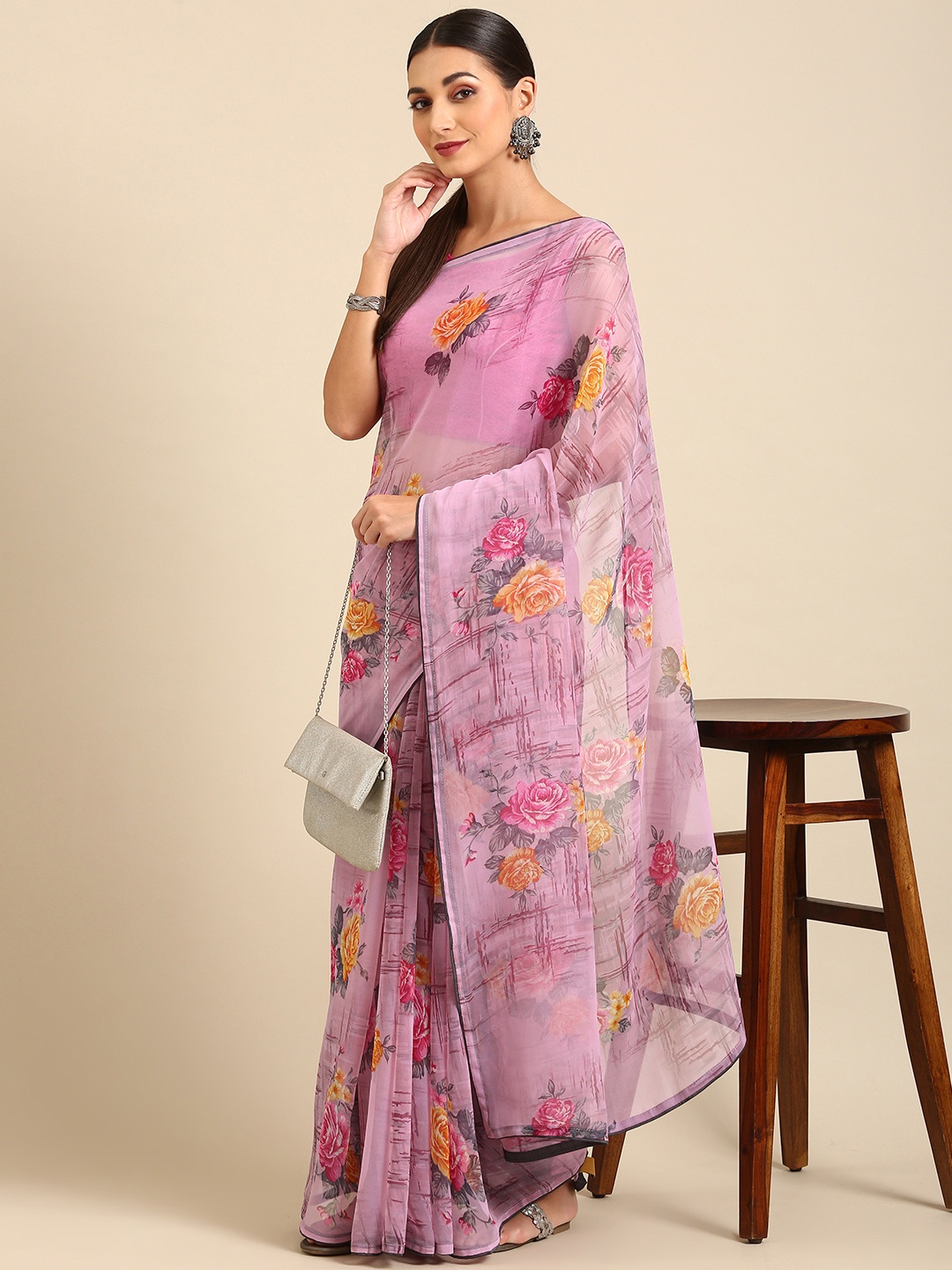 

Pothys Woman Floral Pure Chiffon Saree, Lavender