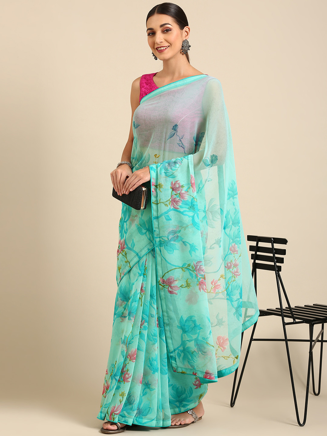 

Pothys Woman Blue Floral Pure Chiffon Saree