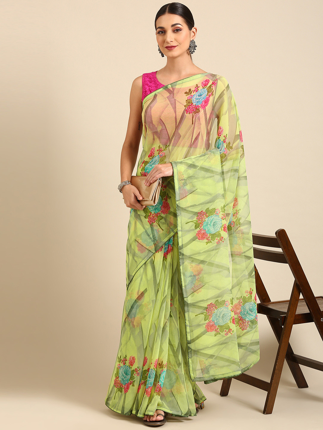 

Pothys Woman Floral Pure Chiffon Saree, Green