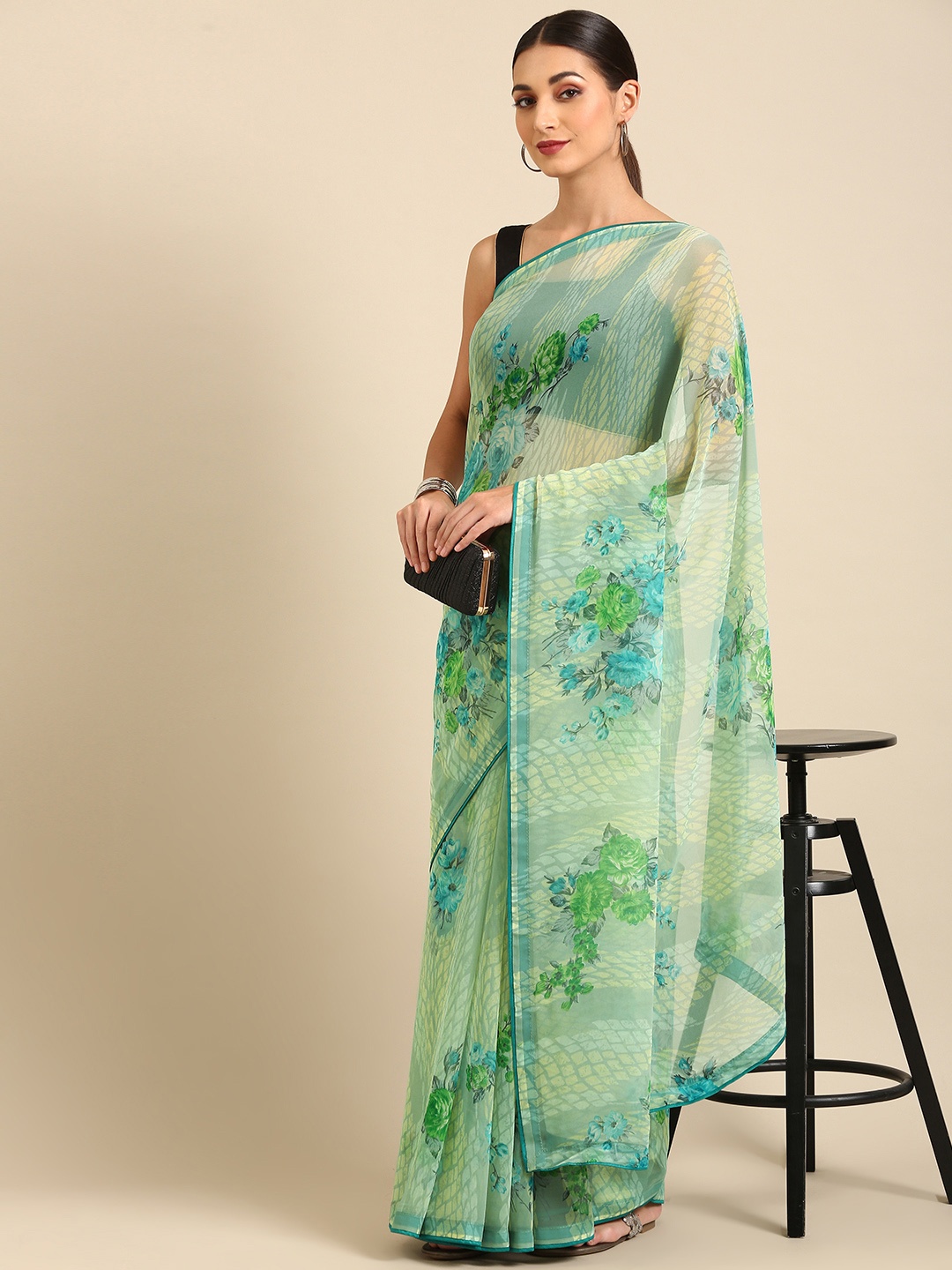 

Pothys Woman Floral Pure Chiffon Saree, Green
