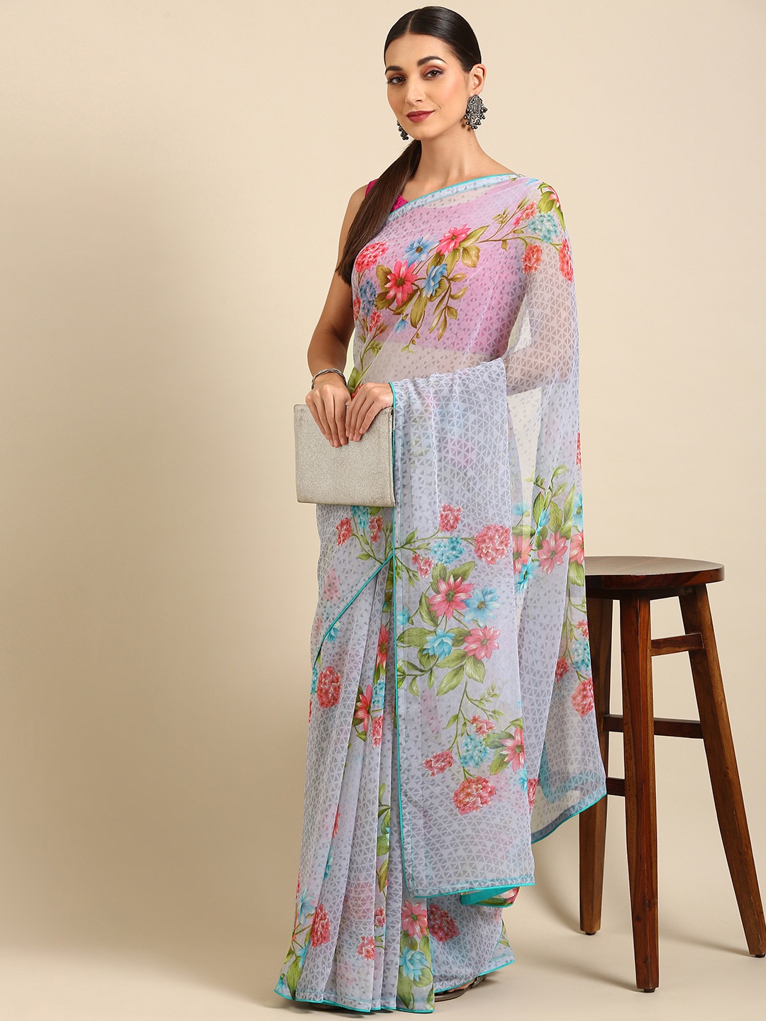 

Pothys Woman Floral Pure Chiffon Saree, Grey