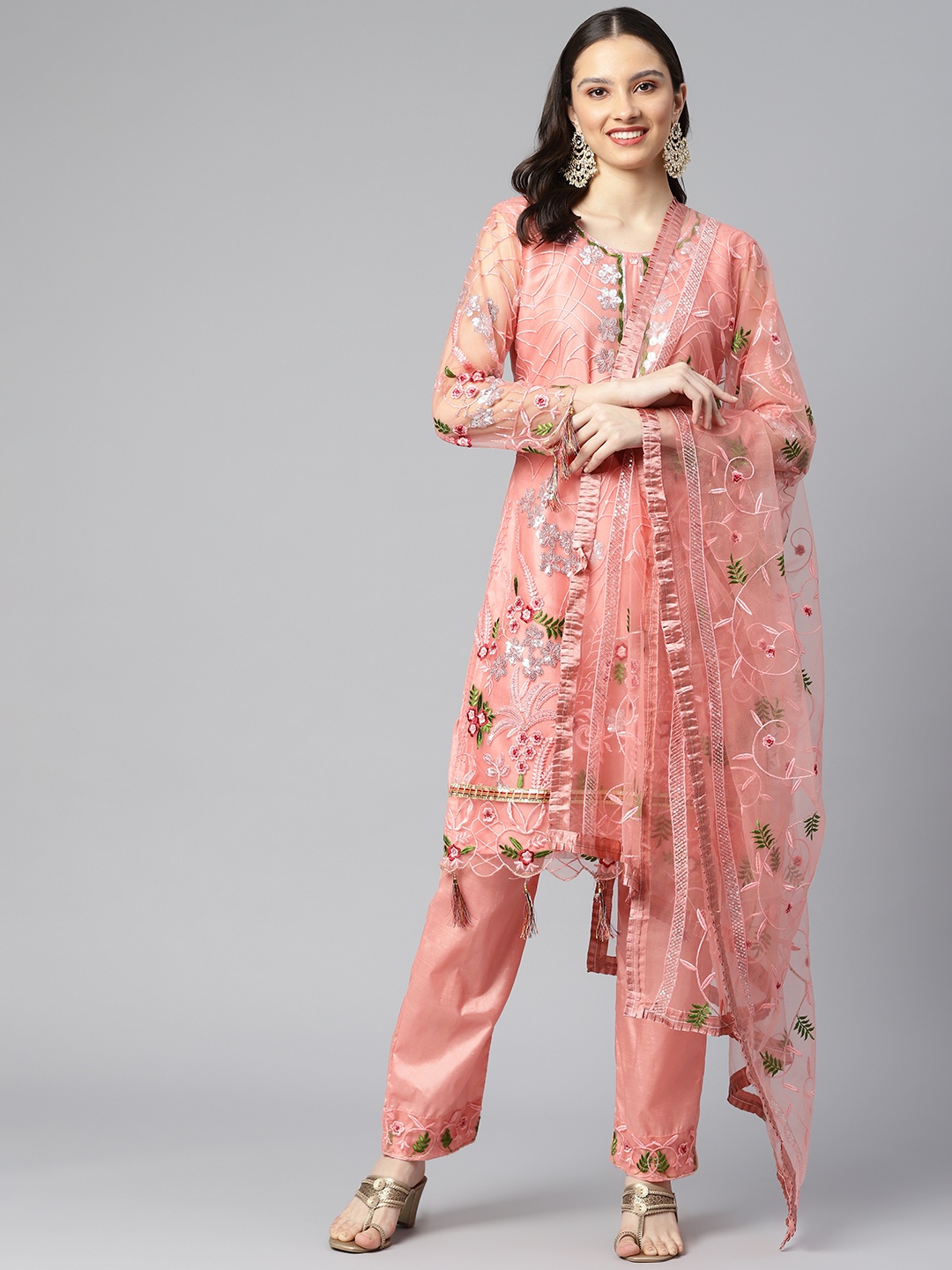 

Readiprint Fashions Peach-Coloured Embroidered Semi-Stitched Dress Material