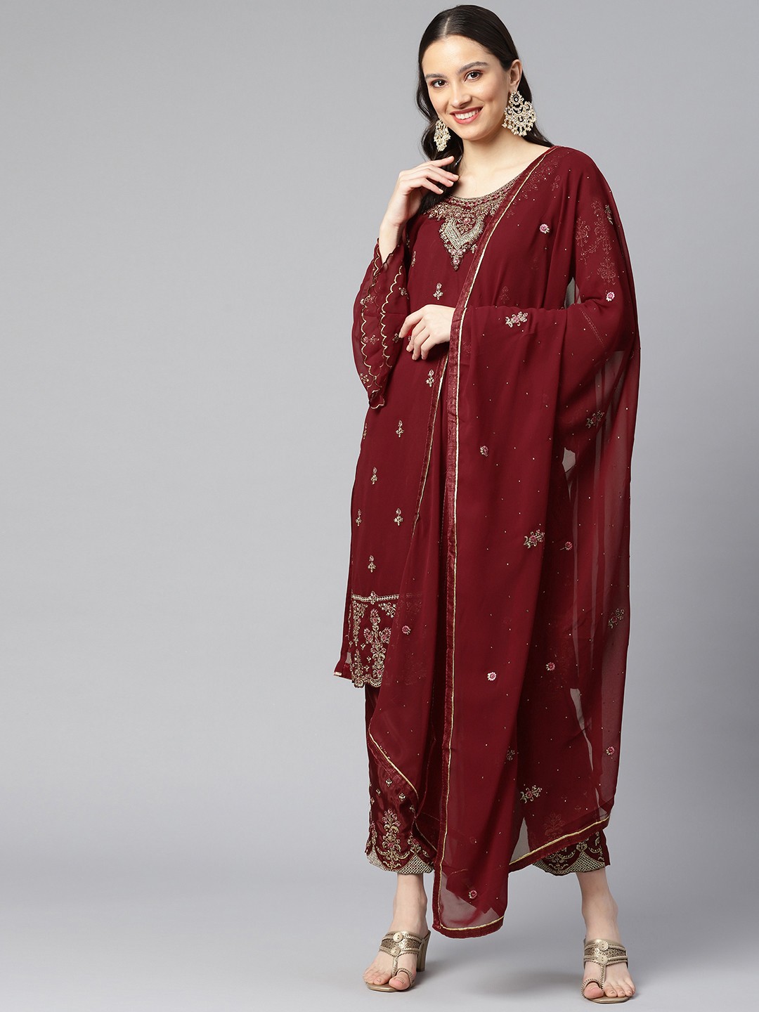 

Readiprint Fashions Maroon Embroidered Semi-Stitched Georgette Dress Material