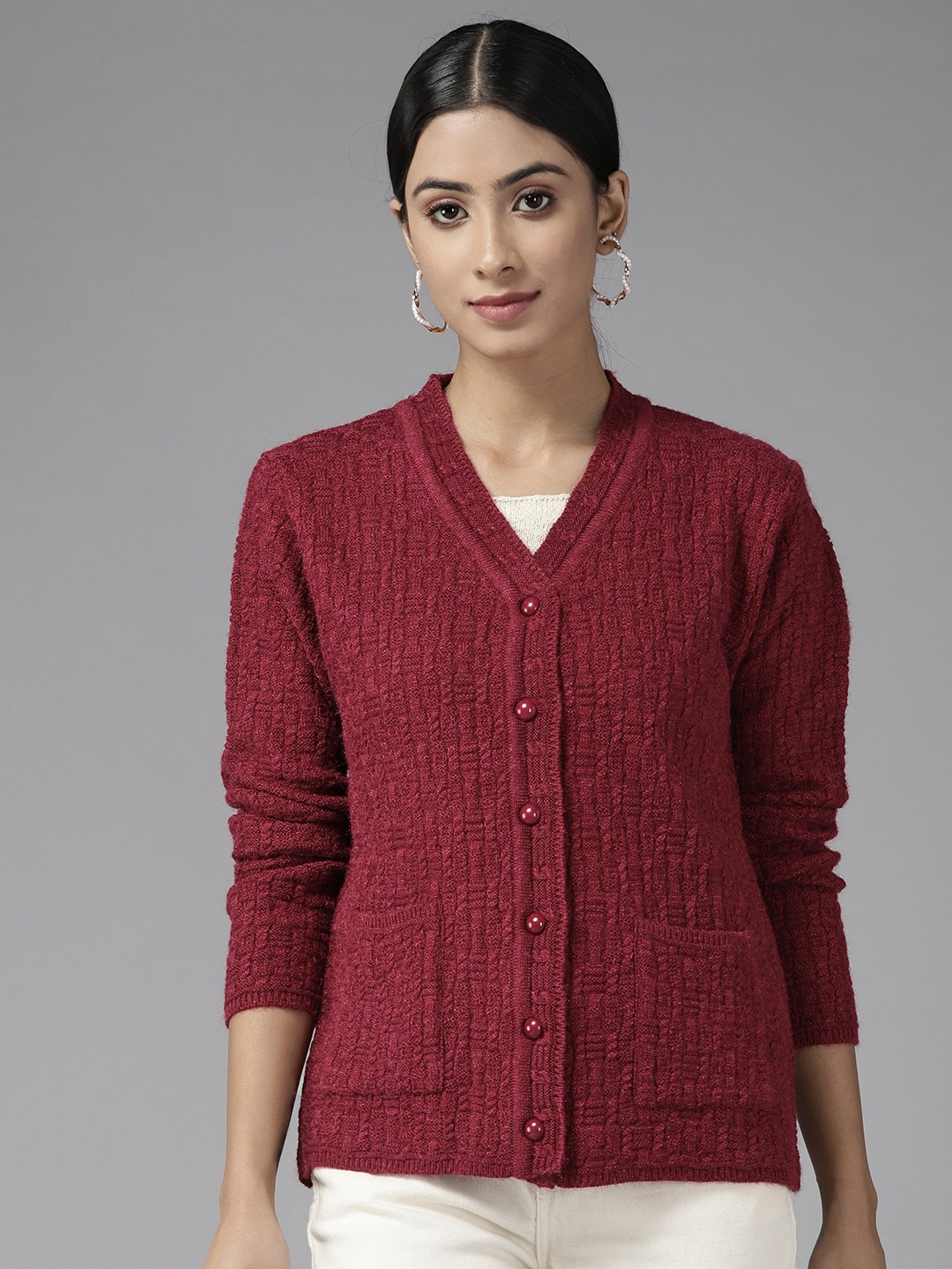 

Cayman Women Cable Knit Woollen Cardigan, Maroon