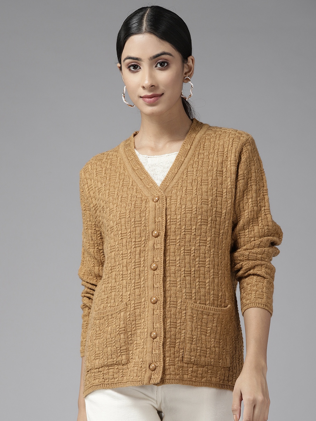 

Cayman Women Cable Knit Woollen Cardigan, Camel brown