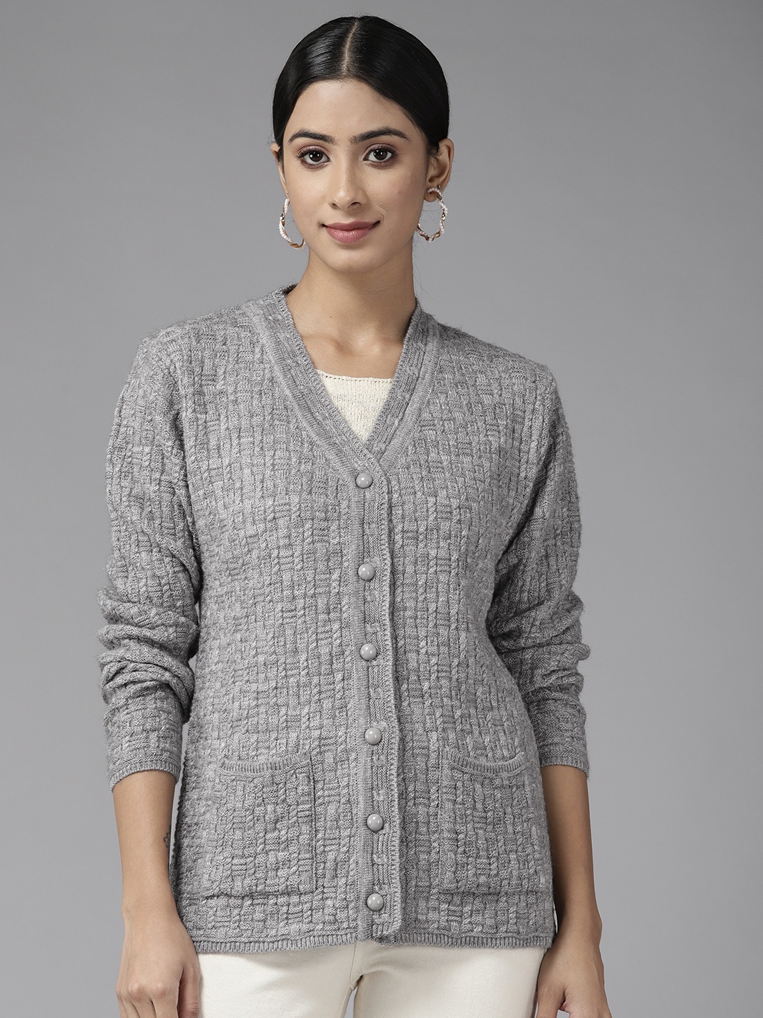 

Cayman Women Cable Knit Woollen Cardigan, Grey