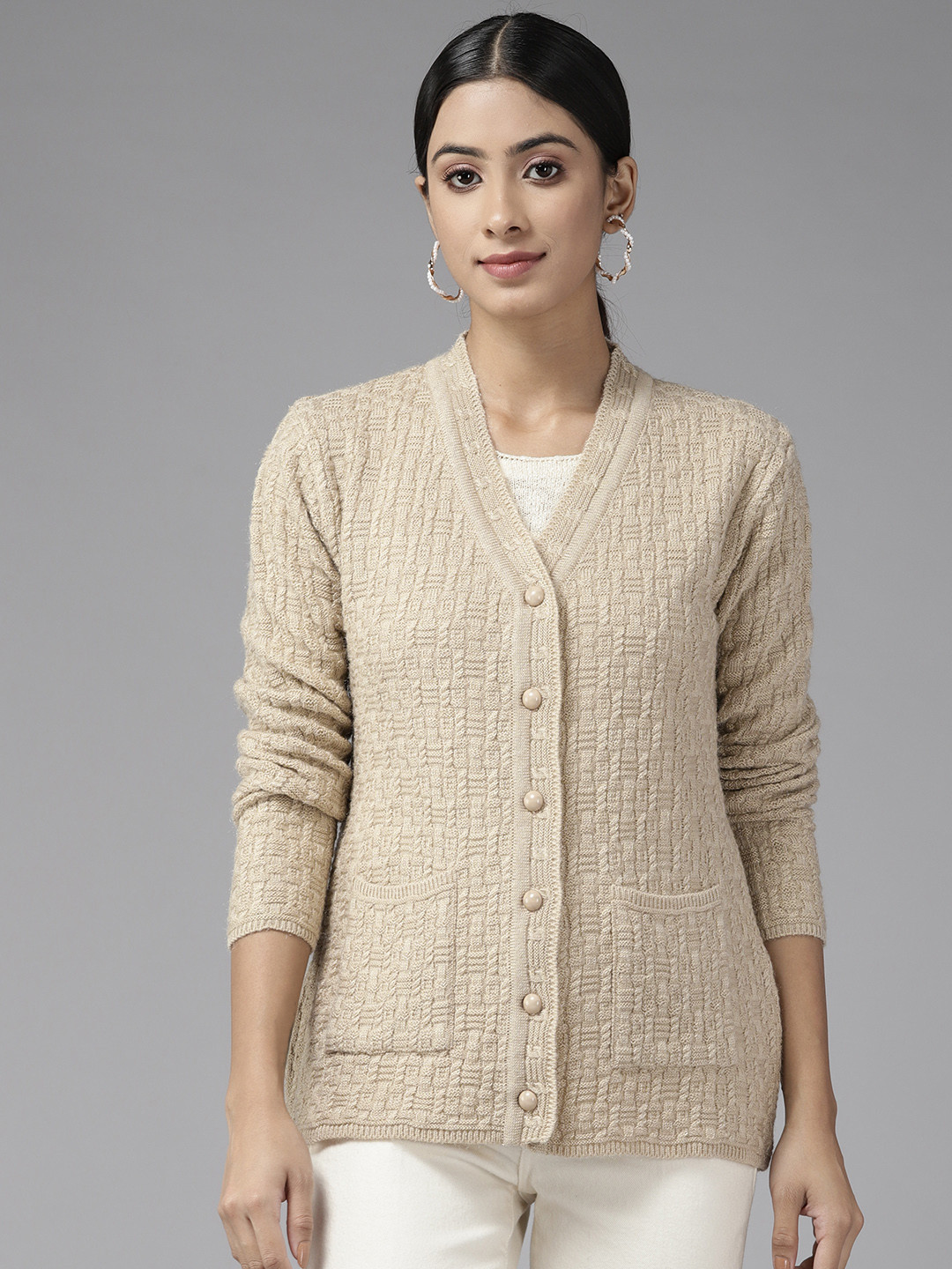 

Cayman Women Cable Knit Woollen Cardigan, Beige