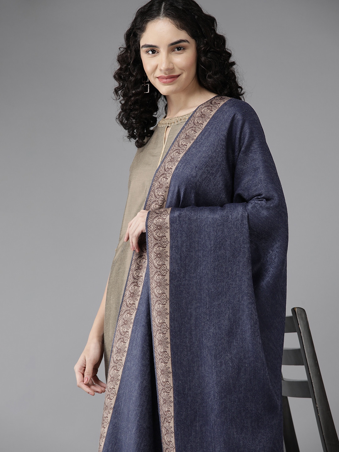 

Cayman Women Woven Design Ethnic Motifs Woolen Shawl, Navy blue