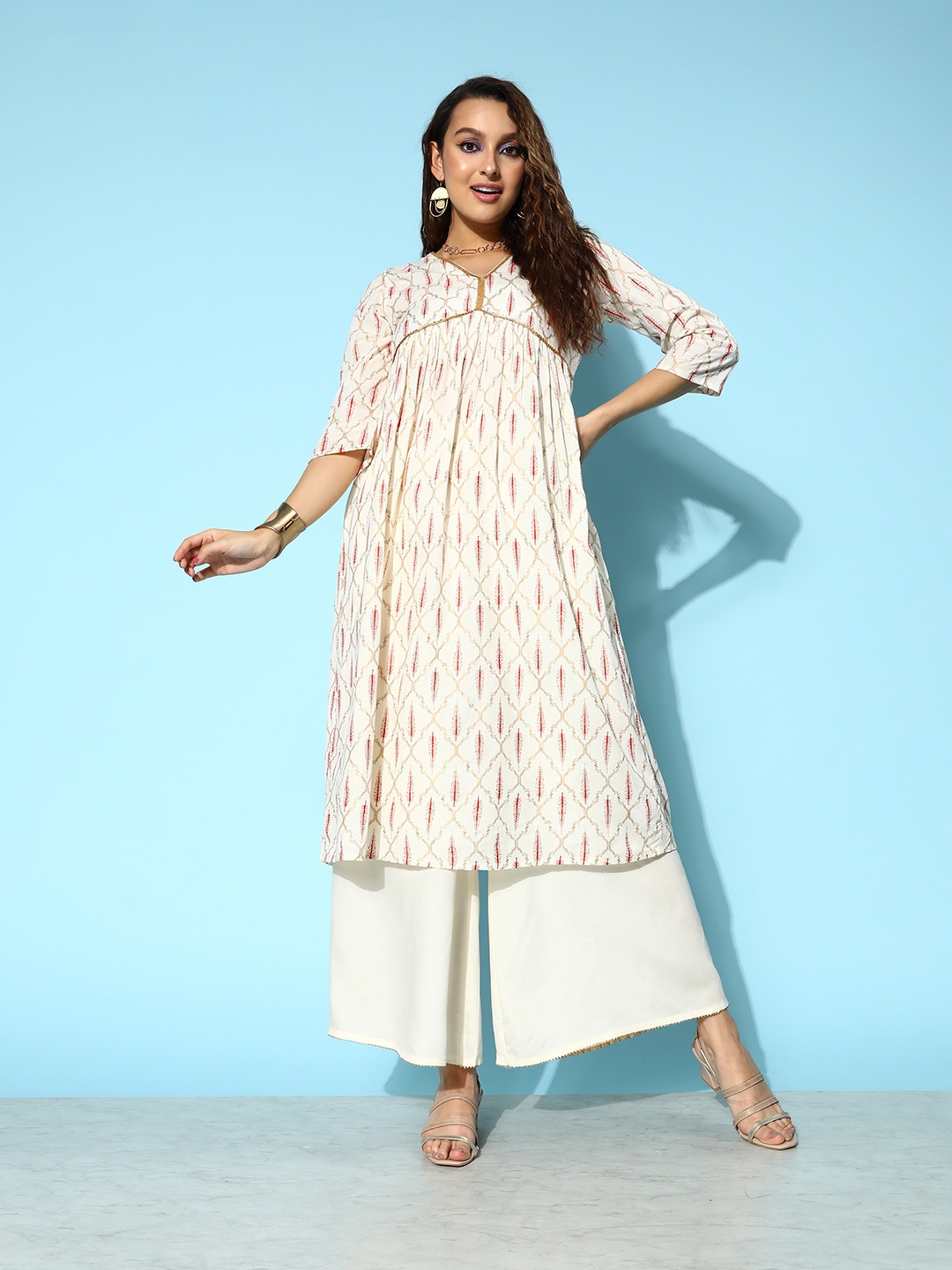 

all about you Onyx White & Red Ethnic Motifs Printed Veere Di Wedding Kurta with Palazzos