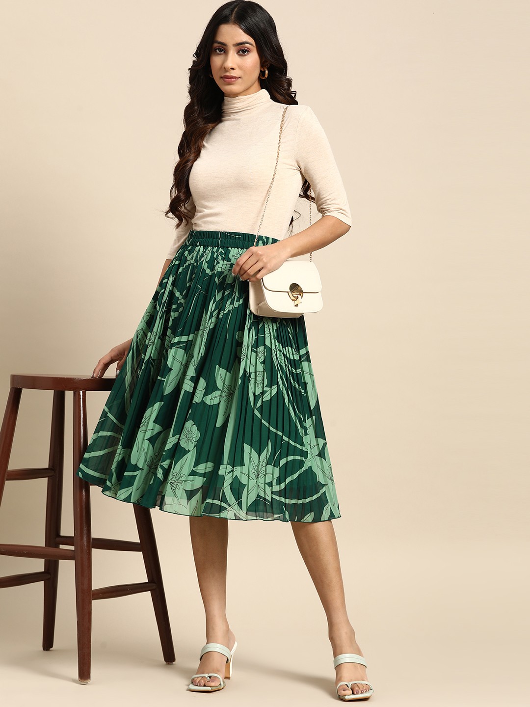 

all about you Tropical Print Accordion Pleat A-Line Skirt, Green