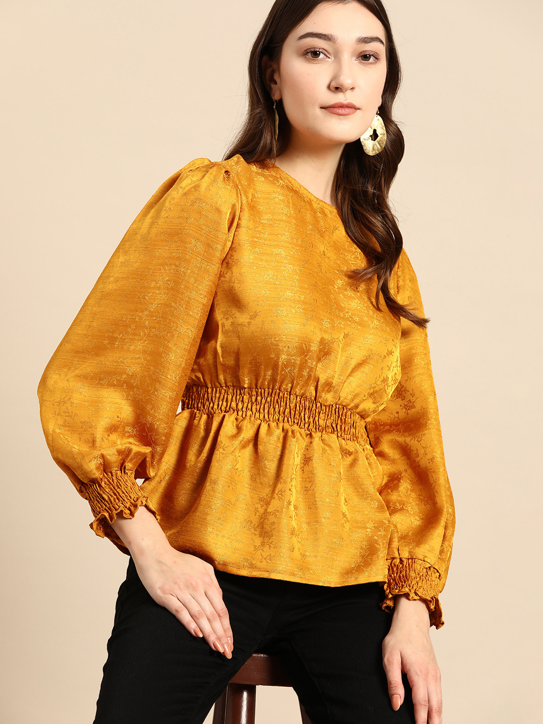 

all about you Golden Floral Design A-Line Top, Gold