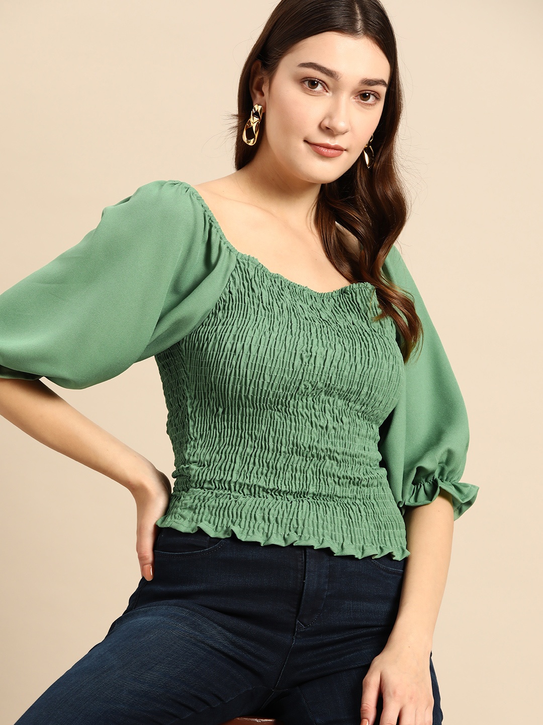 

all about you Smocked Fitted Top, Green
