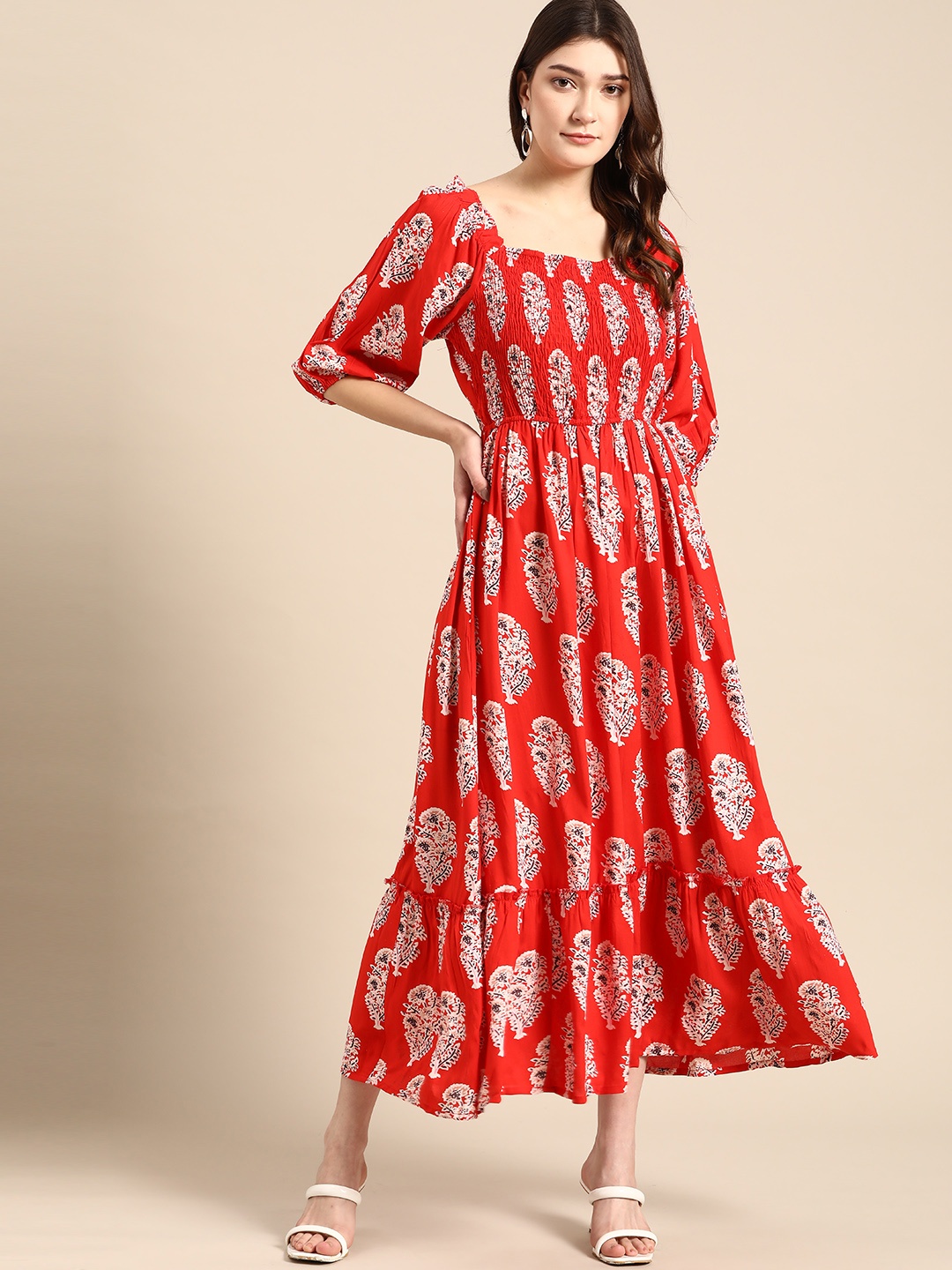 

all about you Ethnic Motifs Print Smocked A-Line Midi Ethnic Dress, Orange