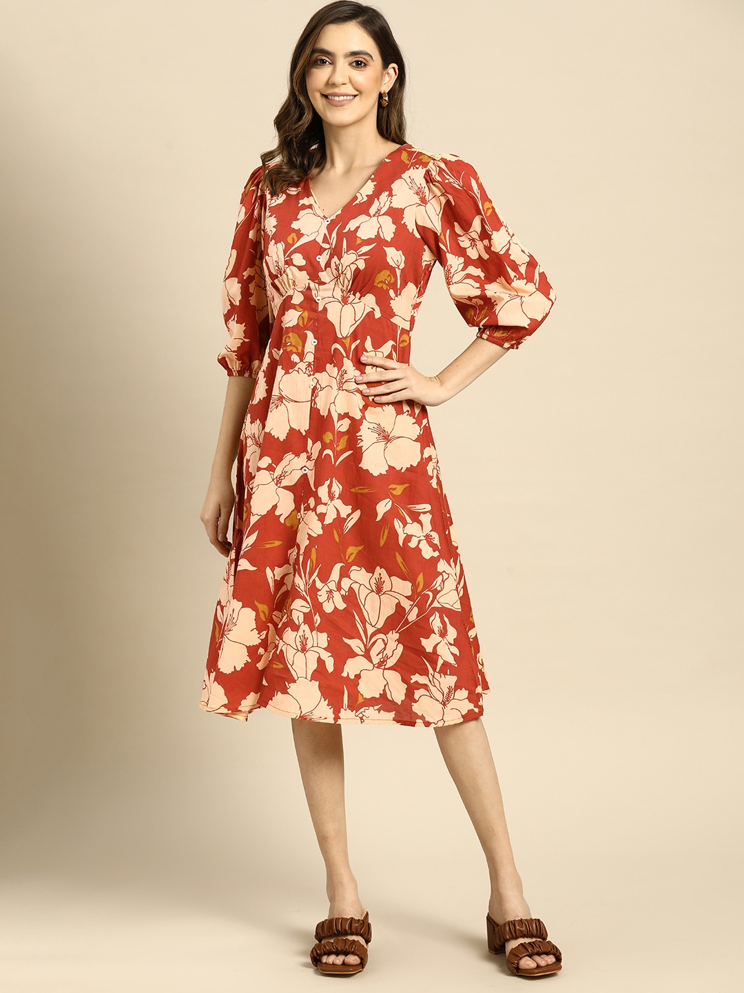 

all about you Floral Printed Pure Cotton A-Line Dress, Rust