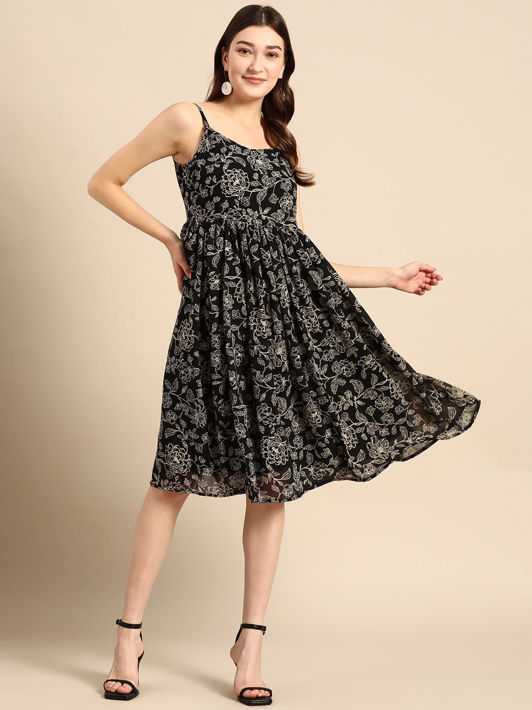

all about you Floral Printed Shoulder Straps A-Line Dress, Black
