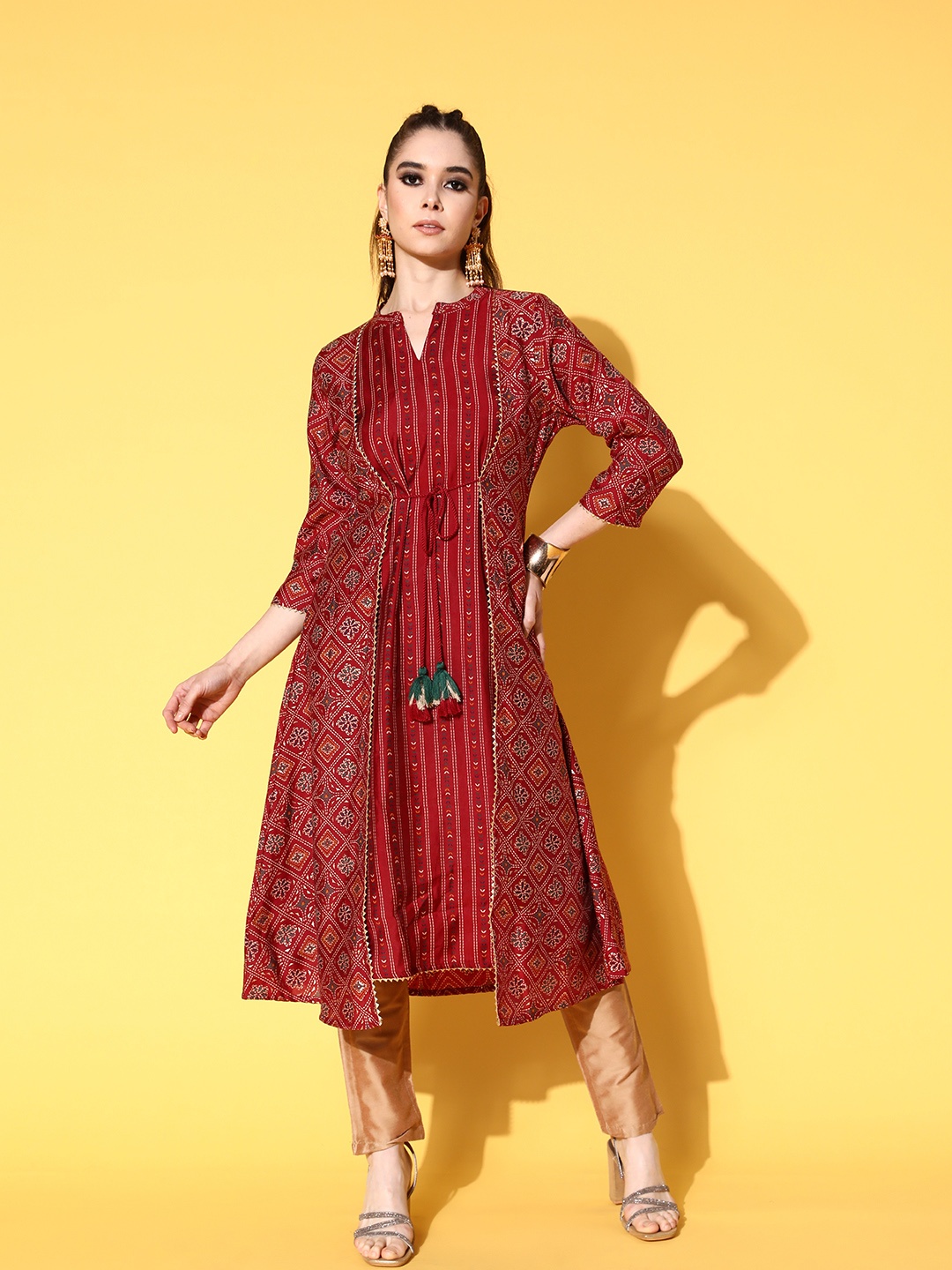 

all about you Women Printed Bold Decorations Layered A-Line Kurta, Red