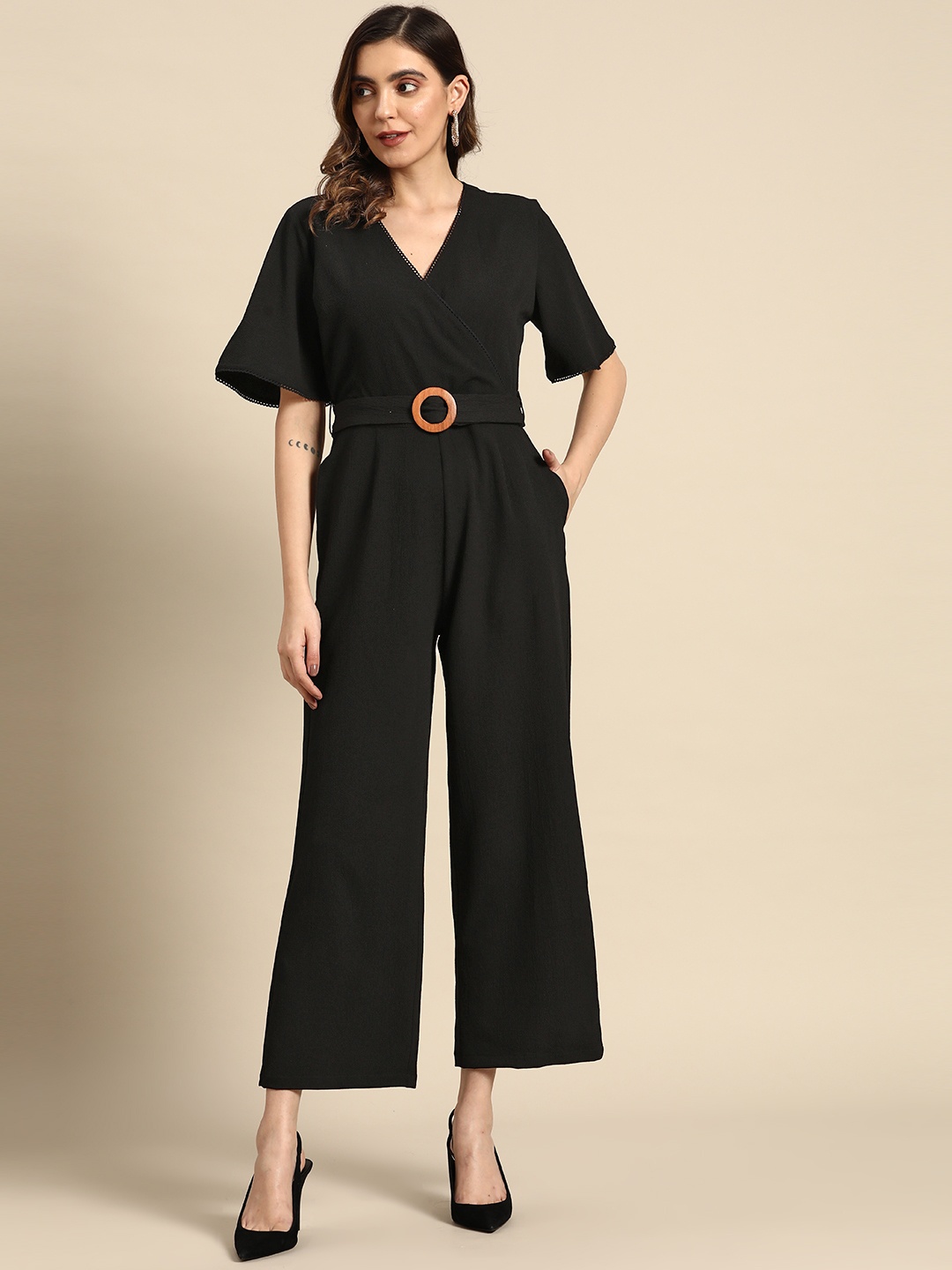 

all about you V-Neck Lace Insert Belted Jumpsuit, Black