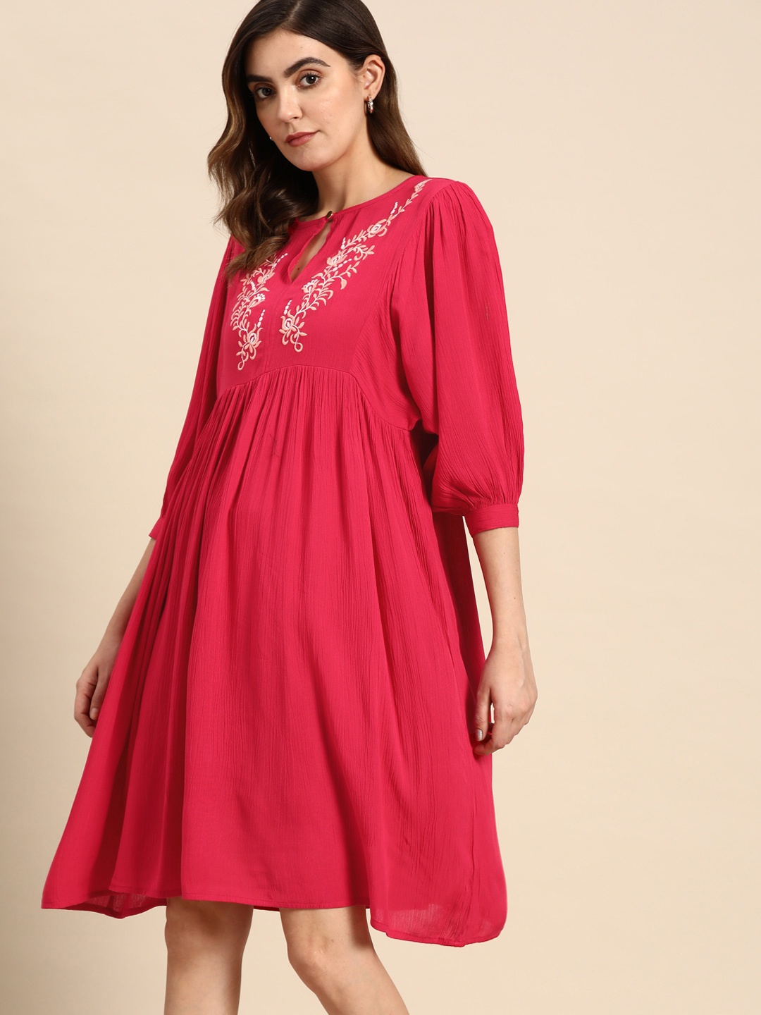 

all about you Ethnic Motifs Embroidered Bishop Sleeves A-Line Dress, Fuchsia