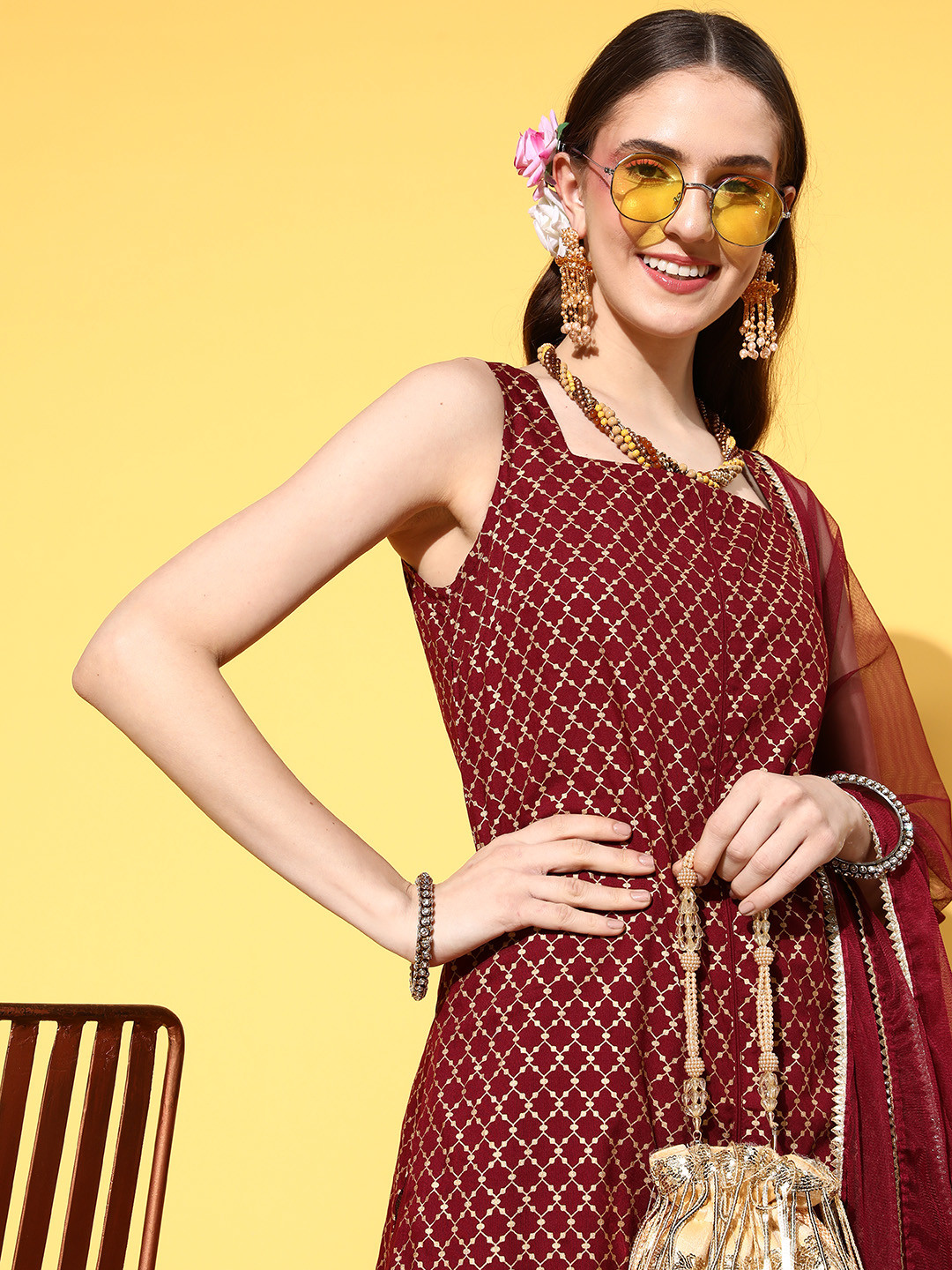 

all about you Women Maroon Ethnic Motifs Printed Kurti with Fusion Bottoms & With Dupatta