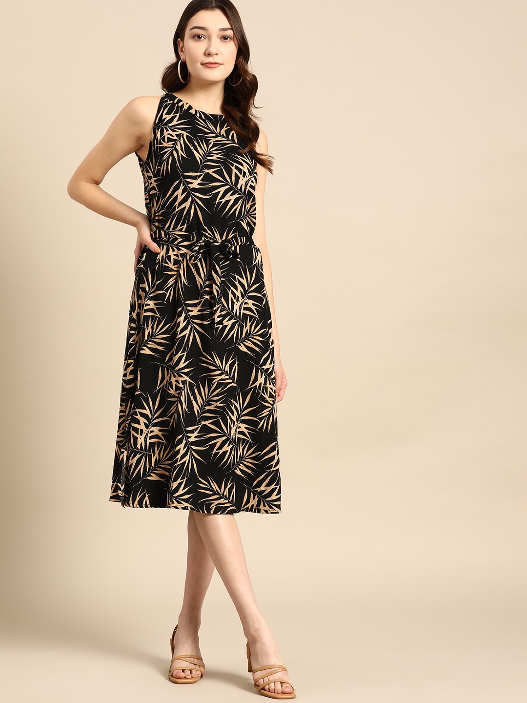 

all about you Tropical Print A-Line Dress with a Belt, Black
