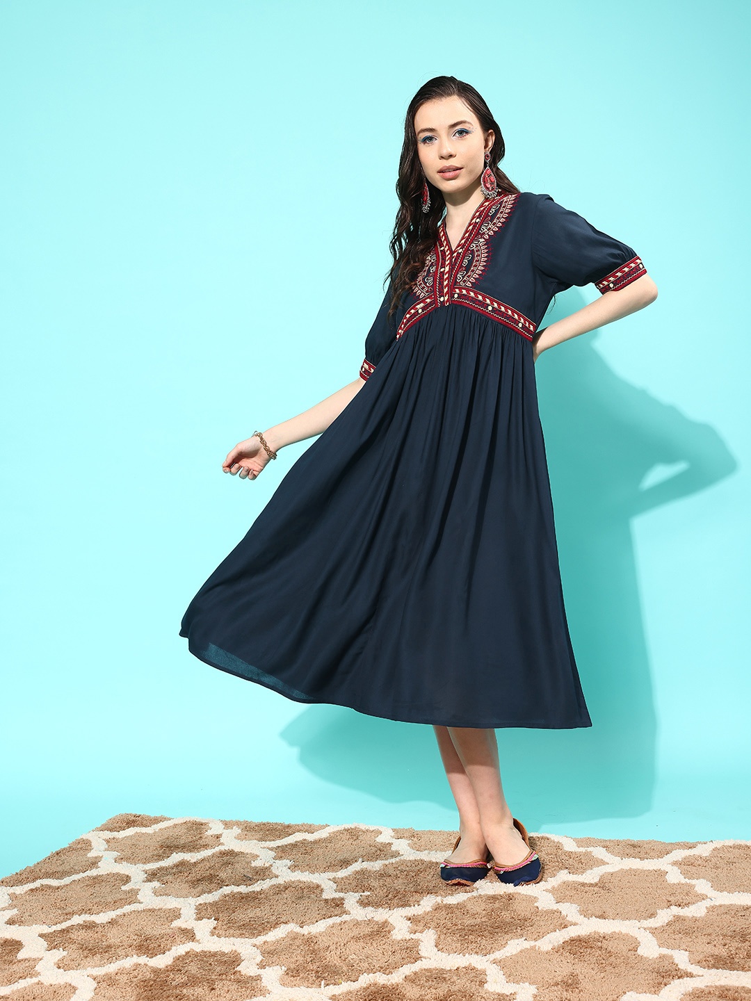 

all about you Embroidered Detail Ethnic Dress, Navy blue