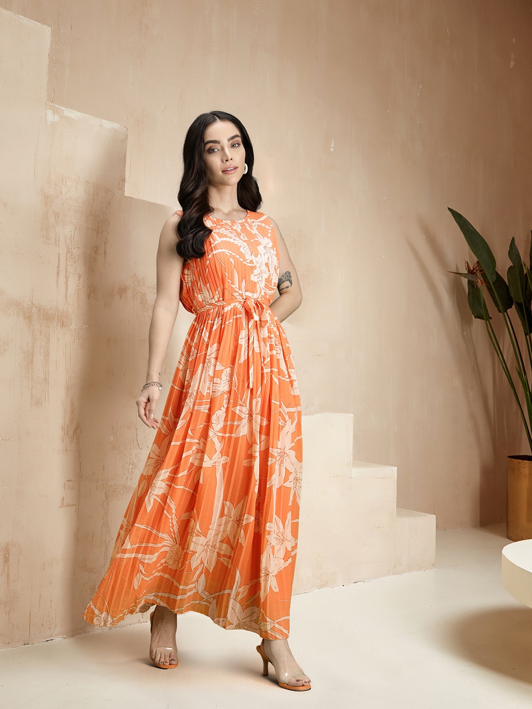 

all about you Floral Print Accordion Pleated Maxi Dress, Peach