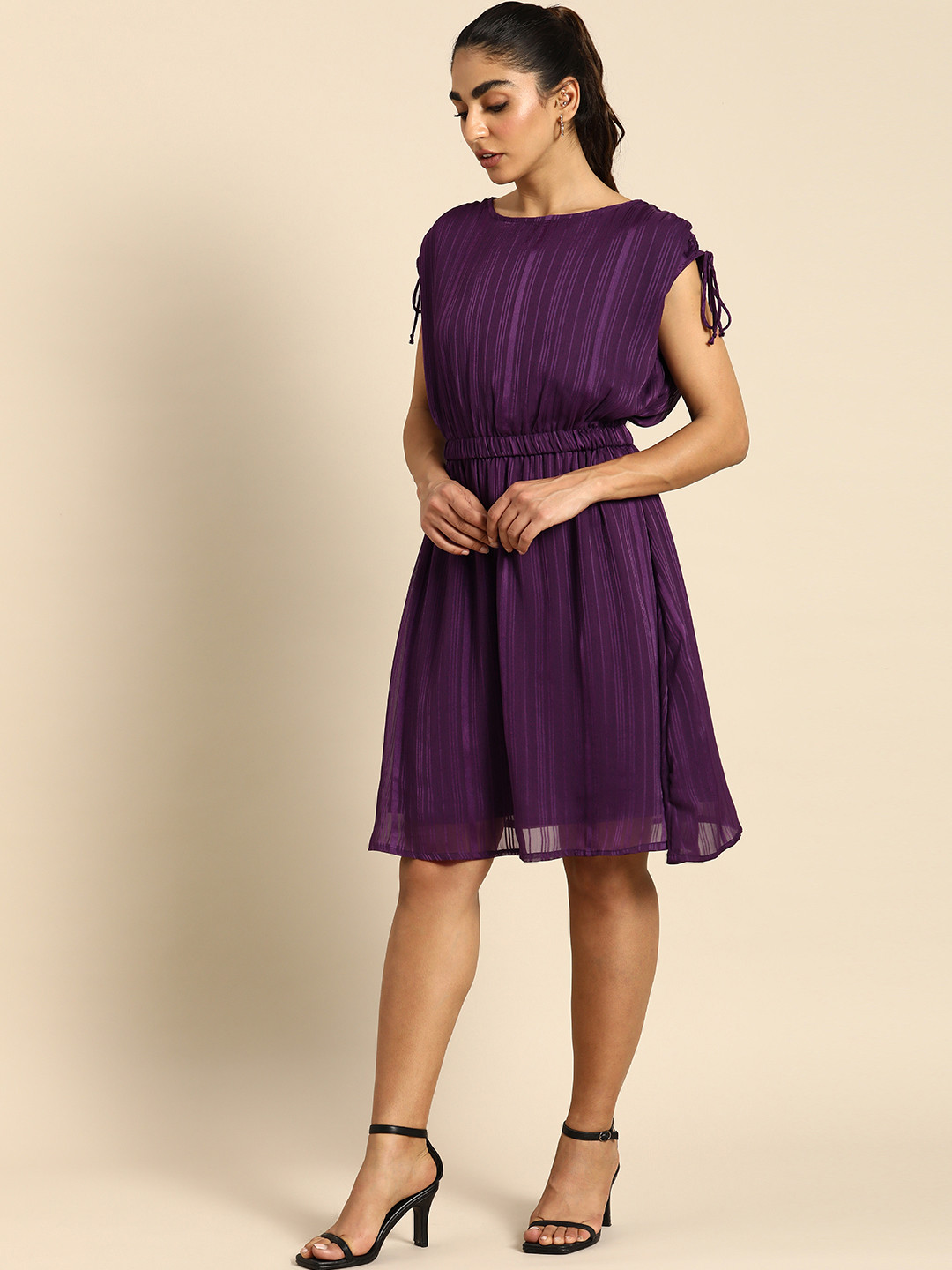 

all about you Striped A-Line Dress With Elasticated Waist, Purple