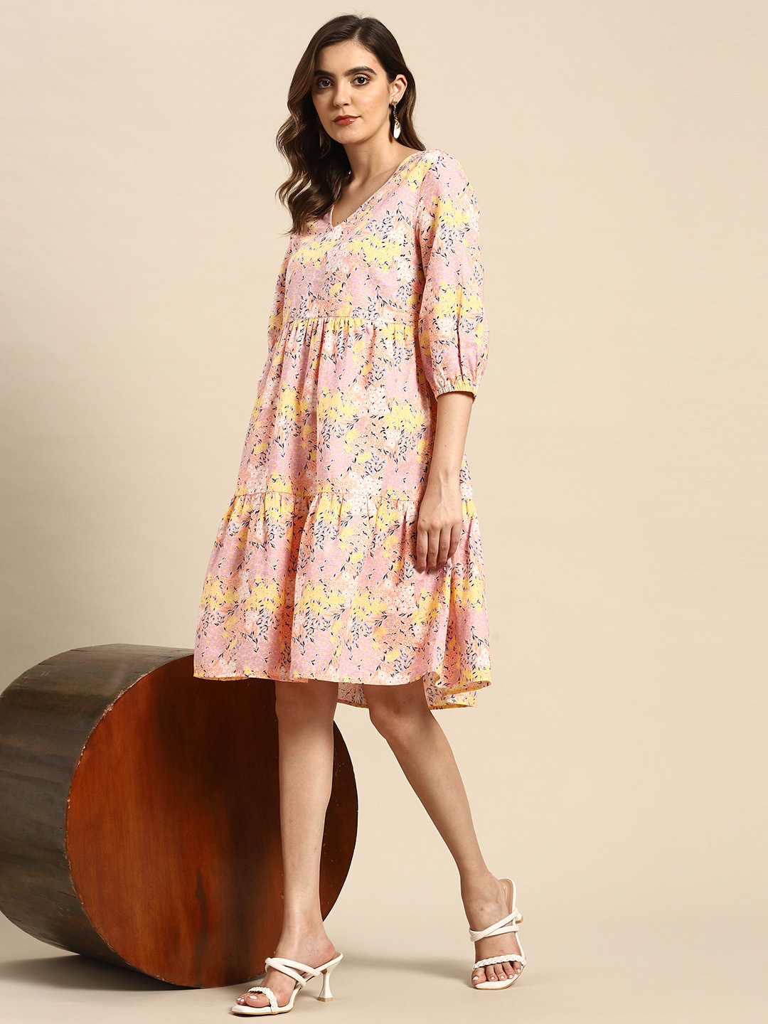 

all about you Floral Print Puff Sleeve Linen Cotton Tiered Dress, Pink