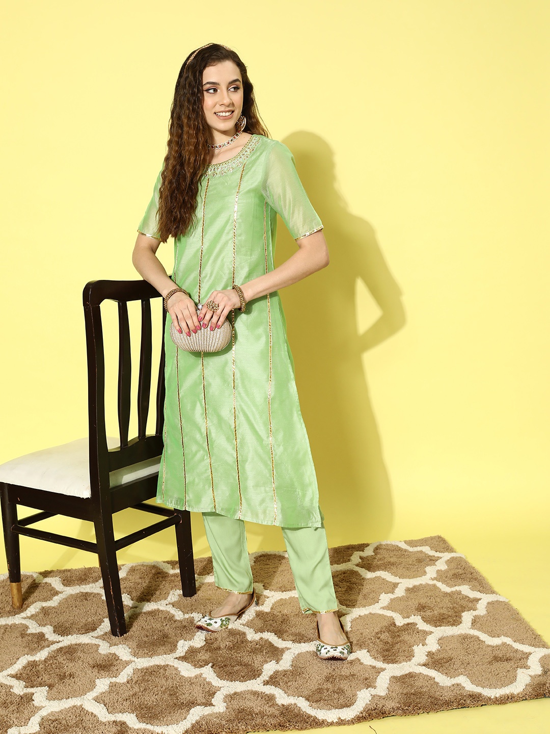 

all about you Pastel Green Yoke Design Hyper Textured Kurta with Trousers