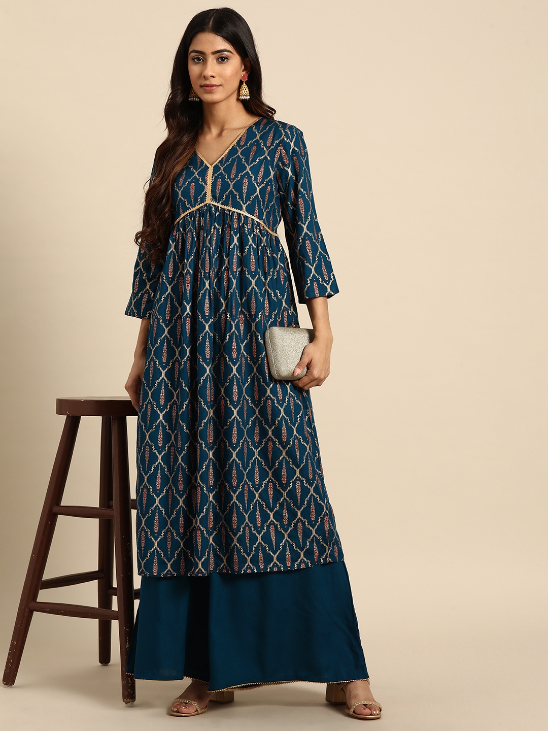 

all about you Ethnic Motifs Foil Print Gotta Patti Detail Kurta with Palazzos, Teal