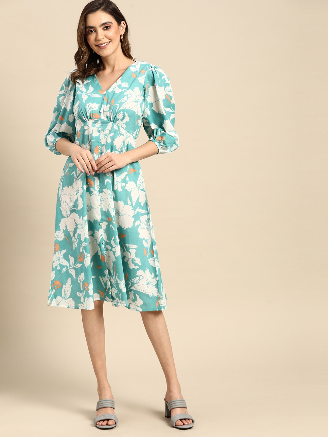 

all about you Floral Printed Pure Cotton A-Line Dress, Blue