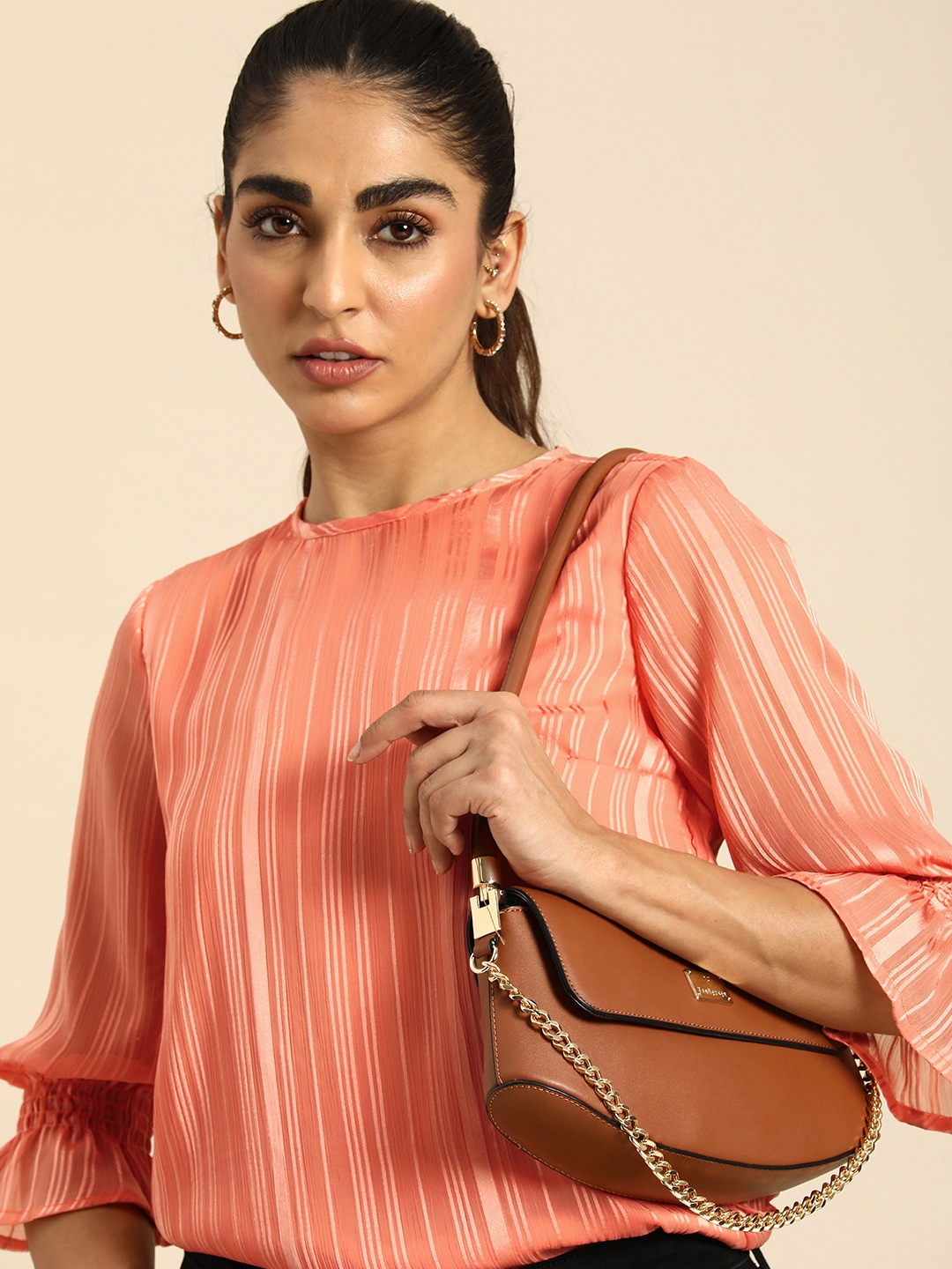 

all about you Striped Bell Sleeves Round Neck Top, Peach