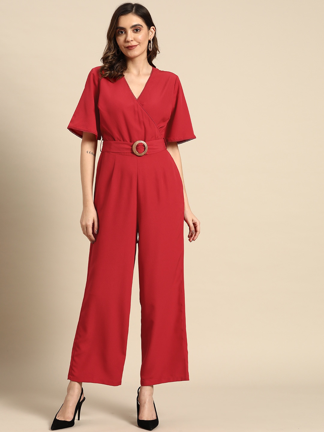 

all about you V-Neck Belted Basic Jumpsuit, Red