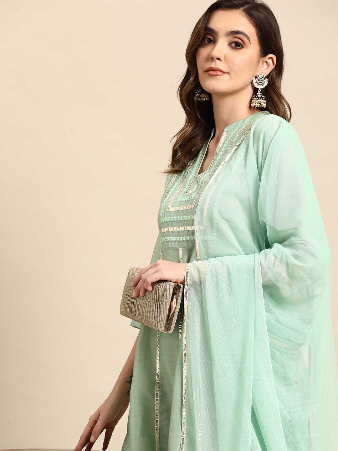 

all about you Gotta Patti Work A-Line Midi Dress With Dupatta, Sea green