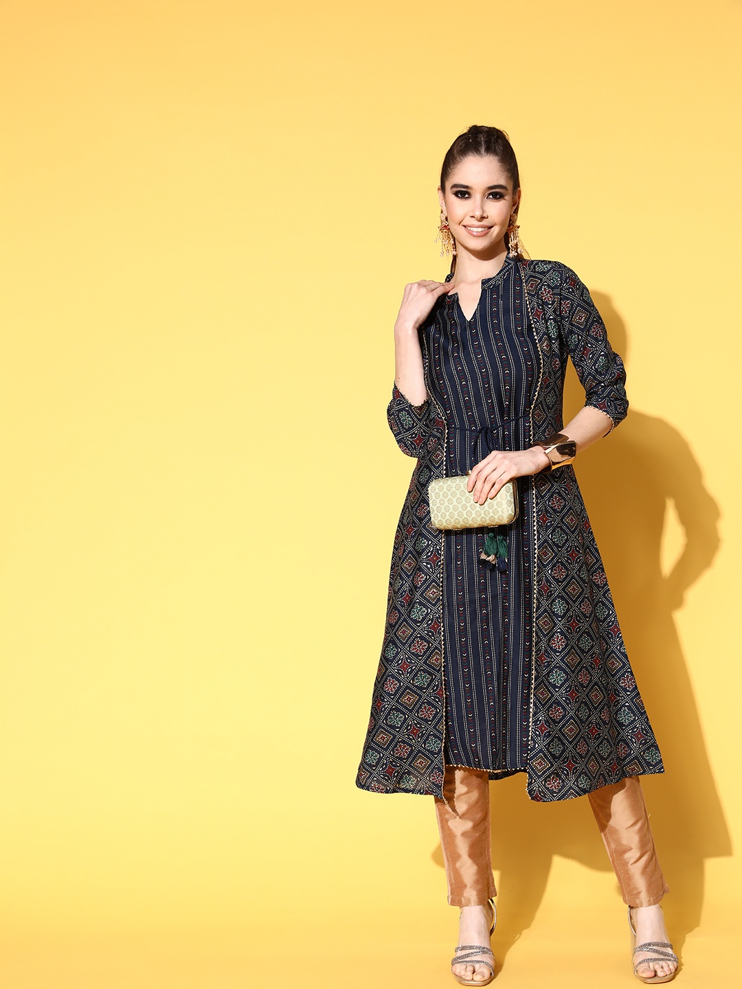 

all about you Women Printed Bold Decorations Layered A-Line Kurta, Navy blue