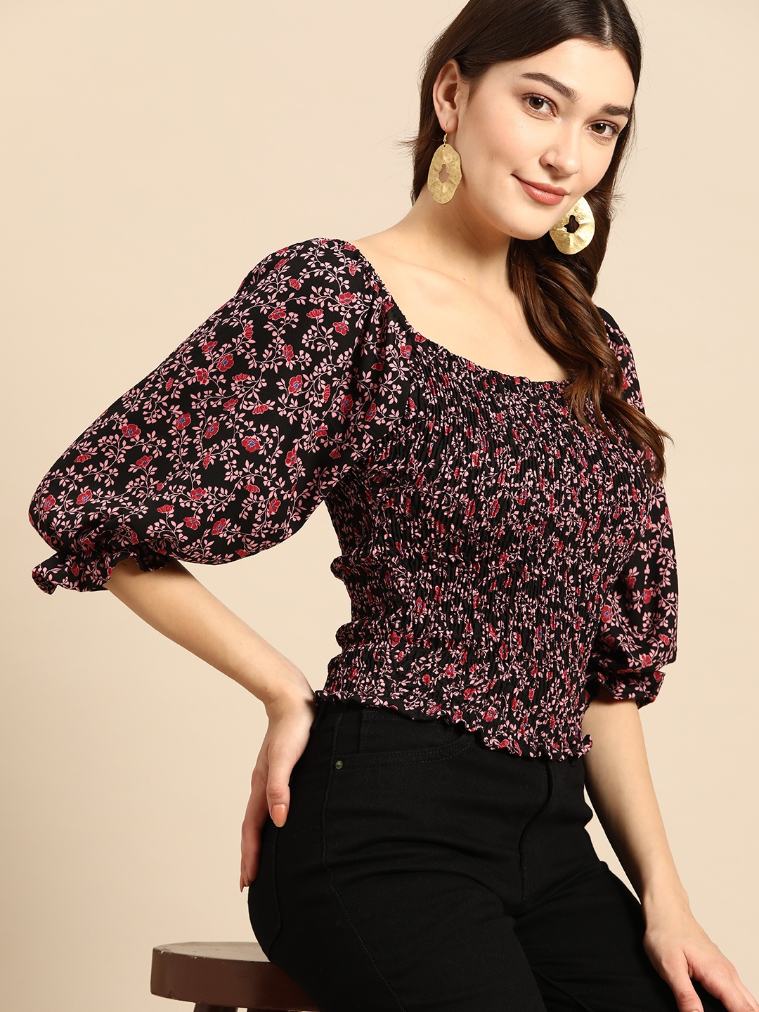 

all about you Floral Print Smocked Fitted Top, Black