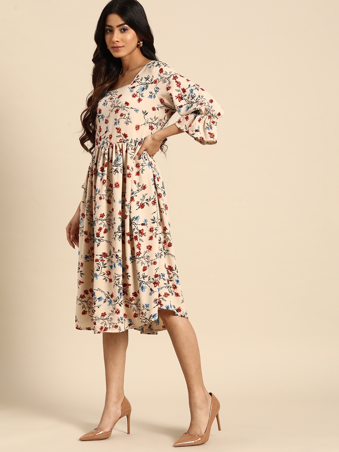 all about you Floral Printed A-Line Dress, Beige