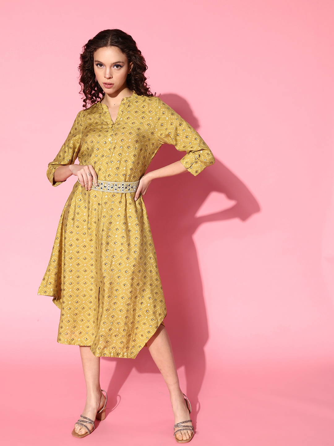 

all about you Amber Yellow & Off White Bandhani Print Belted Detail A-Line Dress