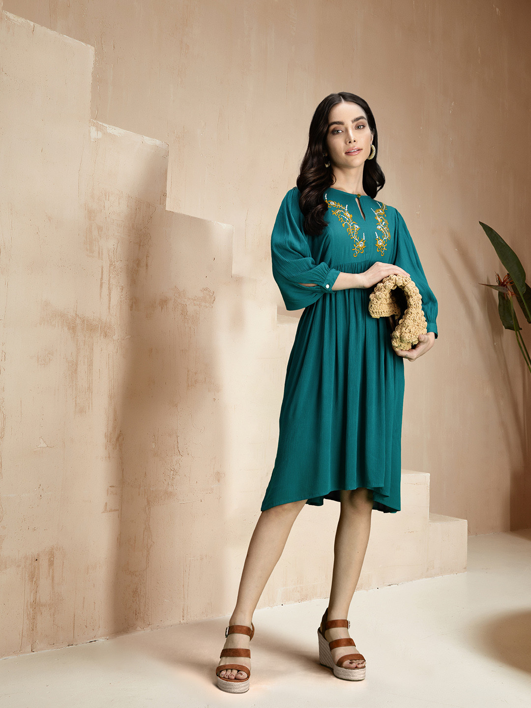 

all about you Ethnic Motifs Embroidered Bishop Sleeves A-Line Dress, Teal