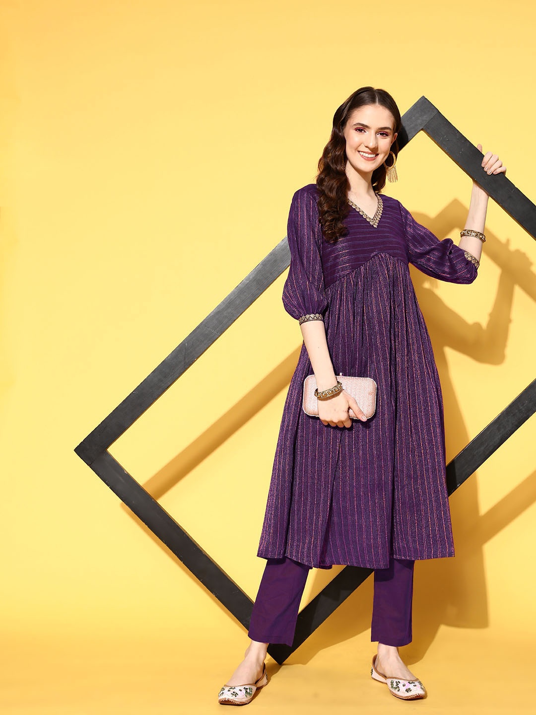 

all about you Striped Peppy Purple Pure Cotton Kurta & Trousers Set