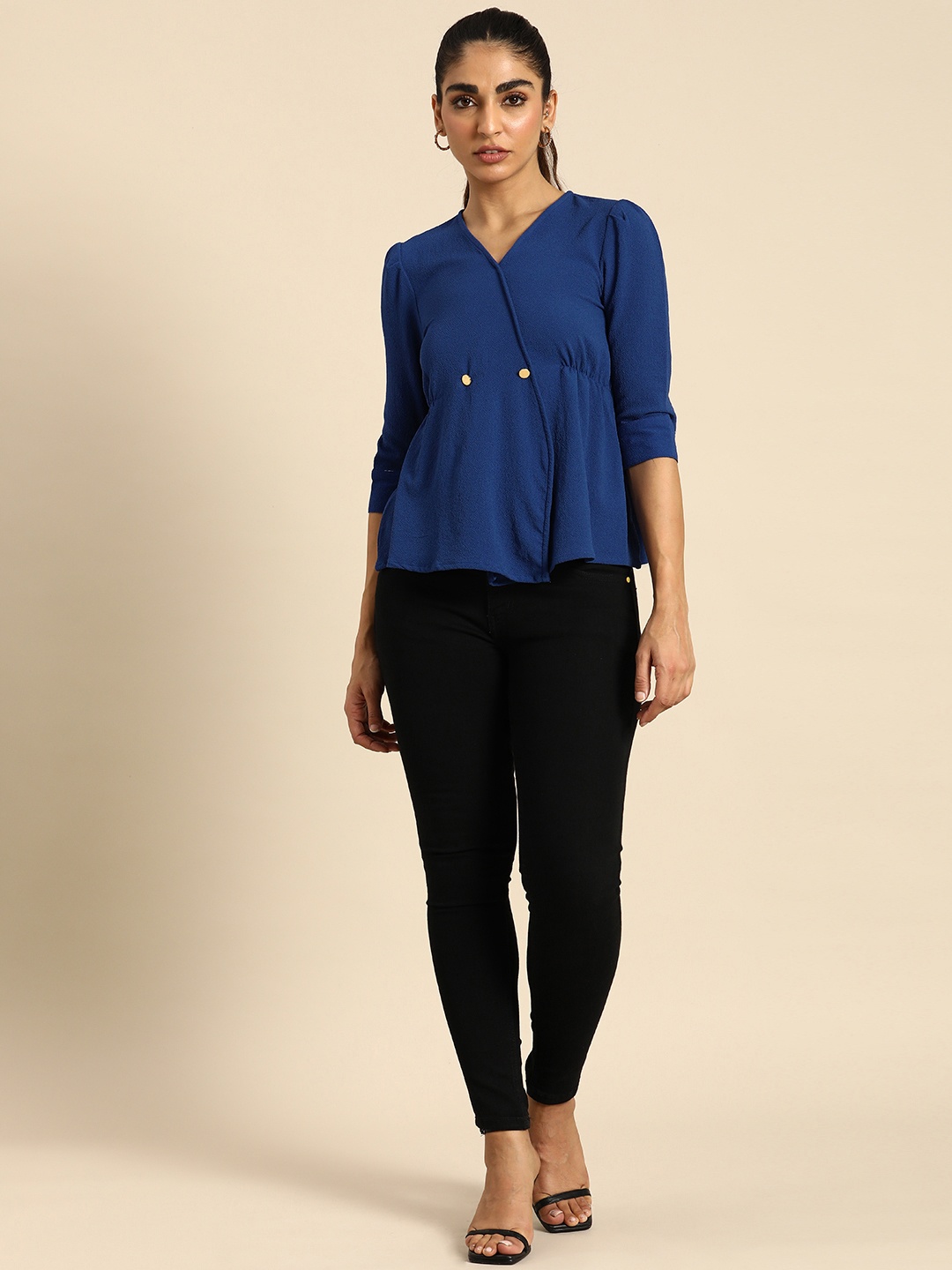 

all about you V-Neck A-Line Solid Top With Gathers Detailing, Blue