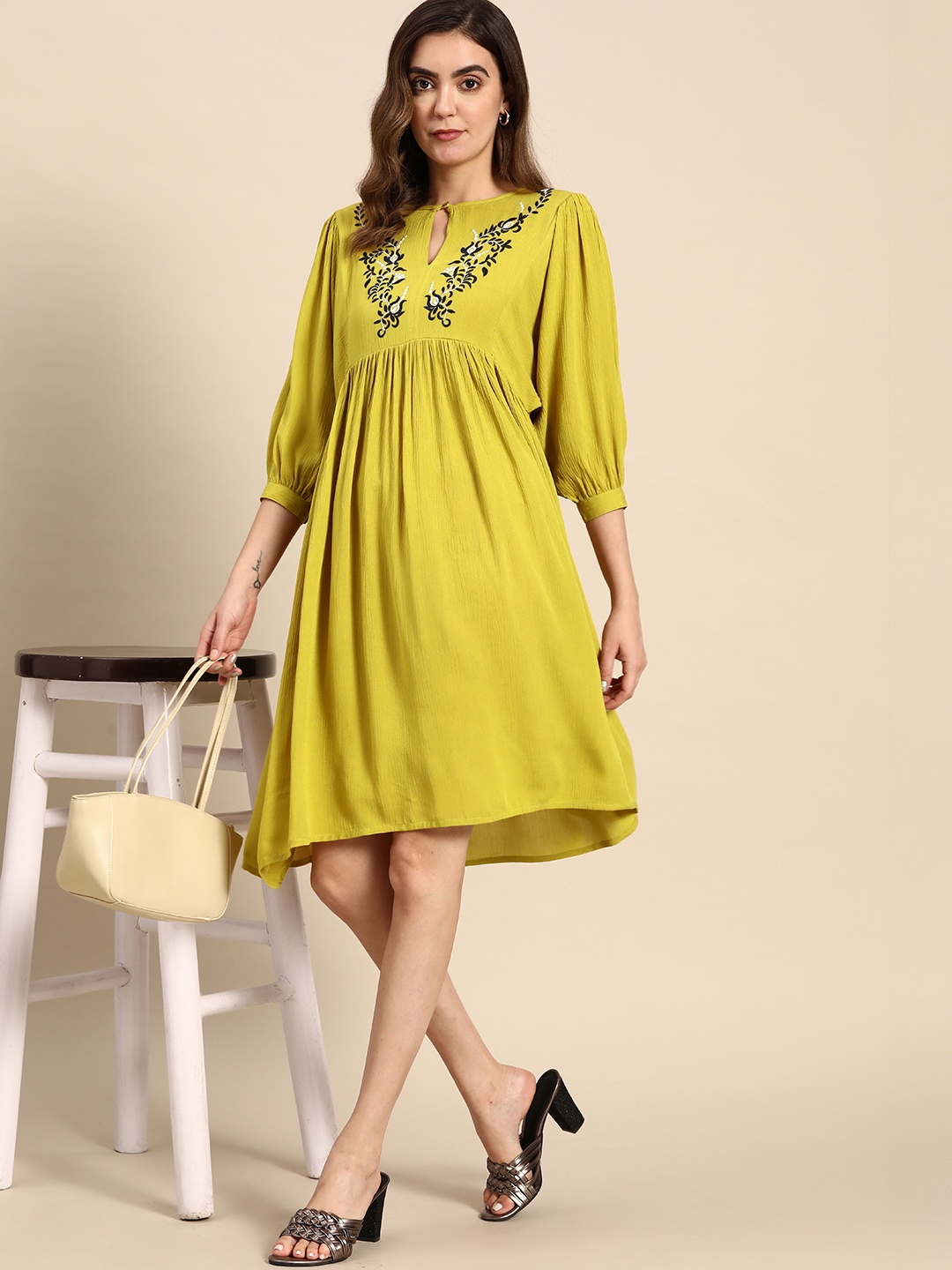 

all about you Ethnic Motifs Embroidered Bishop Sleeves A-Line Dress, Mustard