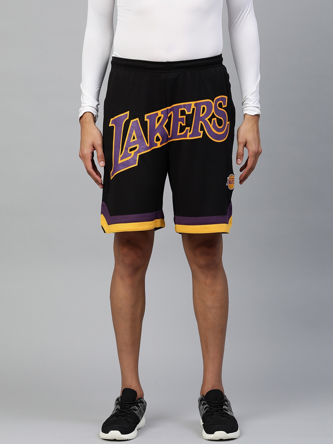 

NBA Men Black & Yellow Los Angeles Lakers Front Typography Shorts