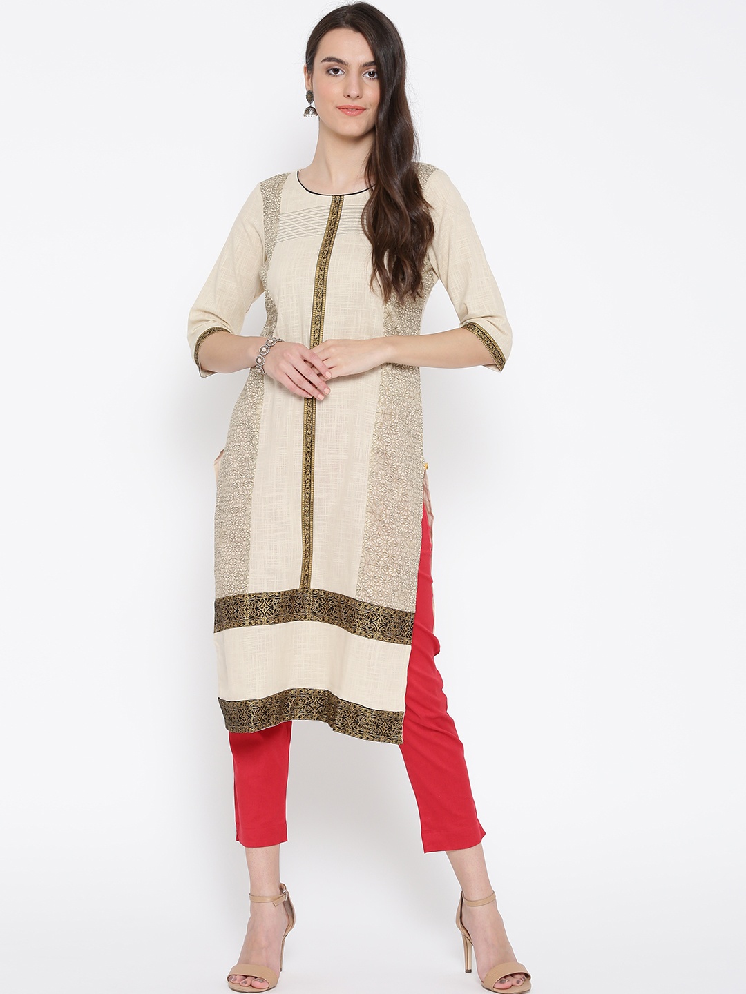

AURELIA Women Beige Printed Straight Kurta