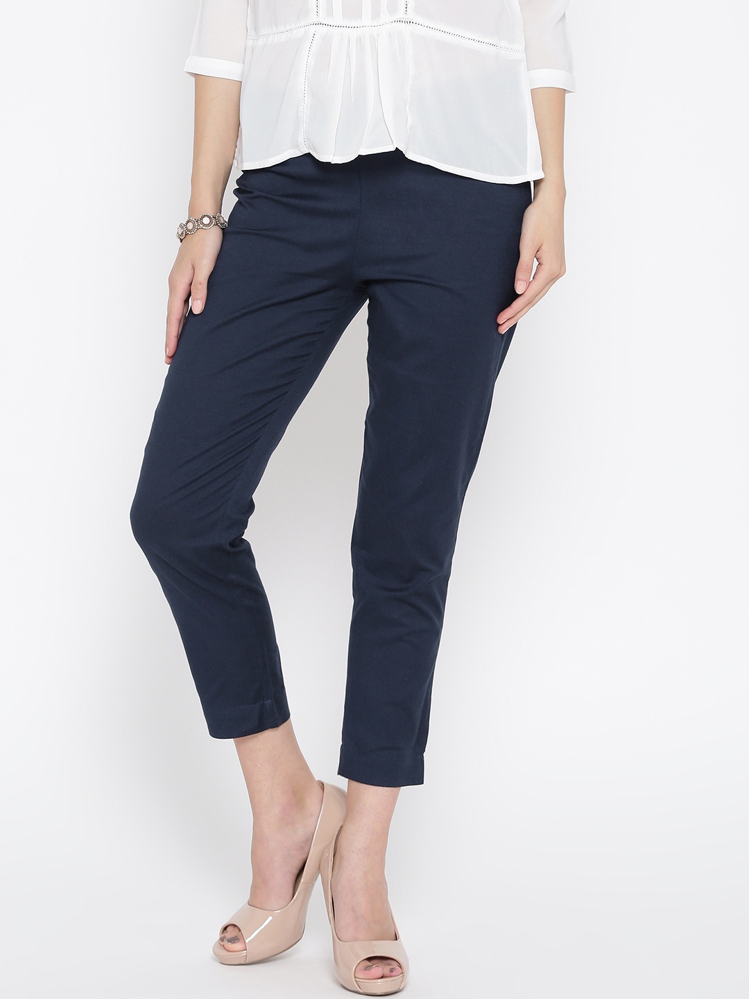 

AURELIA Women Navy Blue Solid Cropped Trousers